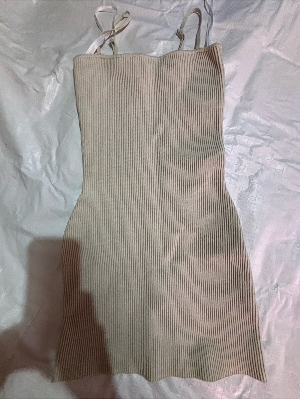 Babaton Ribbed Spaghetti-Strap Mini Dress in Beige